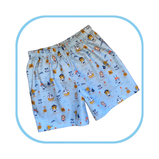 Pirate Animals on Light Blue Boys Shorts age 2-3 years